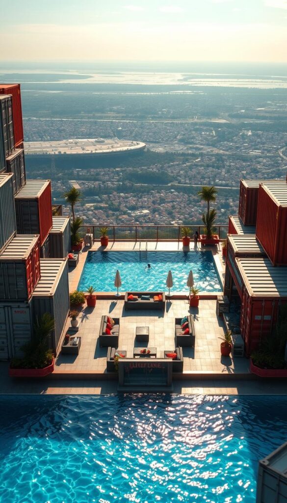 Imagine a serene, sun-dappled scene of a multi-container pool complex, where sleek, repurposed shipping containers have been ingeniously transformed into a captivating aquatic oasis. In the foreground, crystal-clear waters shimmer, inviting visitors to take a refreshing dip. Surrounding the pool, a harmonious arrangement of various-sized containers creates a striking visual contrast, their weathered exteriors complemented by lush greenery and vibrant accents. In the middle ground, a well-appointed lounge area, complete with plush seating and modern amenities, allows guests to recline and soak up the peaceful ambiance. The background features a stunning panoramic view, perhaps a distant cityscape or a serene natural landscape, further enhancing the sense of tranquility and escape. Warm, diffused lighting casts a gentle glow, capturing the essence of this unique and captivating multi-container pool design. Imagine a serene, sun-dappled scene of a multi-container pool complex, where sleek, repurposed shipping containers have been ingeniously transformed into a captivating aquatic oasis. In the foreground, crystal-clear waters shimmer, inviting visitors to take a refreshing dip. Surrounding the pool, a harmonious arrangement of various-sized containers creates a striking visual contrast, their weathered exteriors complemented by lush greenery and vibrant accents. In the middle ground, a well-appointed lounge area, complete with plush seating and modern amenities, allows guests to recline and soak up the peaceful ambiance. The background features a stunning panoramic view, perhaps a distant cityscape or a serene natural landscape, further enhancing the sense of tranquility and escape. Warm, diffused lighting casts a gentle glow, capturing the essence of this unique and captivating multi-container pool design.