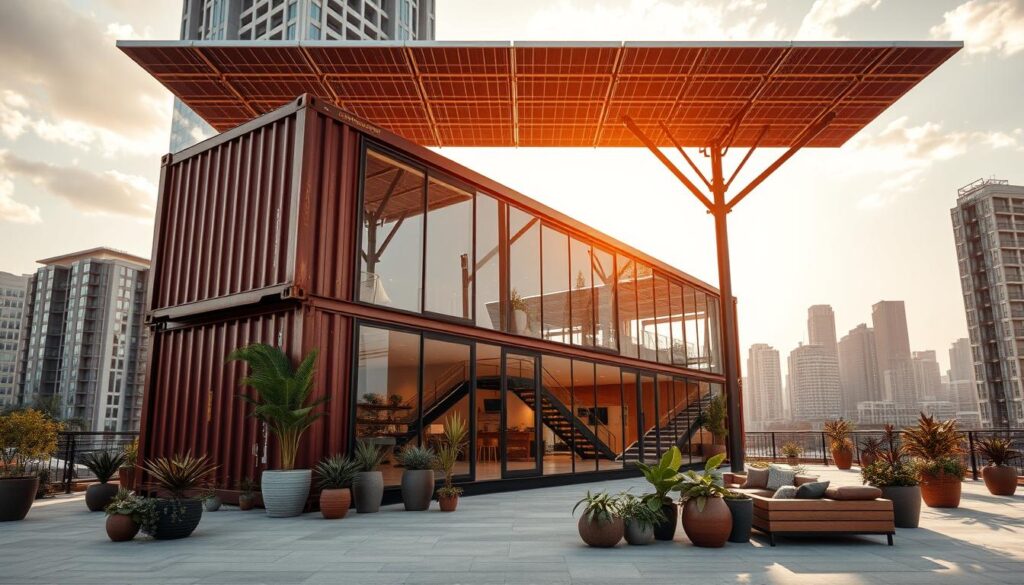 Innovative container architecture, a sleek and modern structure rising from the cityscape. A towering edifice, its sharp edges and clean lines cutting through the sky, with floor-to-ceiling windows reflecting the surrounding urban landscape. The container's exterior is a mix of rusted steel and polished aluminum, creating a striking contrast. In the foreground, a carefully curated arrangement of potted plants and natural materials soften the industrial aesthetic, while the middle ground showcases a versatile layout with modular spaces and flexible floor plans. Overhead, a state-of-the-art solar panel array harnesses the sun's energy, powering the building's sustainable systems. The scene is bathed in warm, golden lighting, evoking a sense of innovation and progress. Innovative container architecture, a sleek and modern structure rising from the cityscape. A towering edifice, its sharp edges and clean lines cutting through the sky, with floor-to-ceiling windows reflecting the surrounding urban landscape. The container's exterior is a mix of rusted steel and polished aluminum, creating a striking contrast. In the foreground, a carefully curated arrangement of potted plants and natural materials soften the industrial aesthetic, while the middle ground showcases a versatile layout with modular spaces and flexible floor plans. Overhead, a state-of-the-art solar panel array harnesses the sun's energy, powering the building's sustainable systems. The scene is bathed in warm, golden lighting, evoking a sense of innovation and progress.