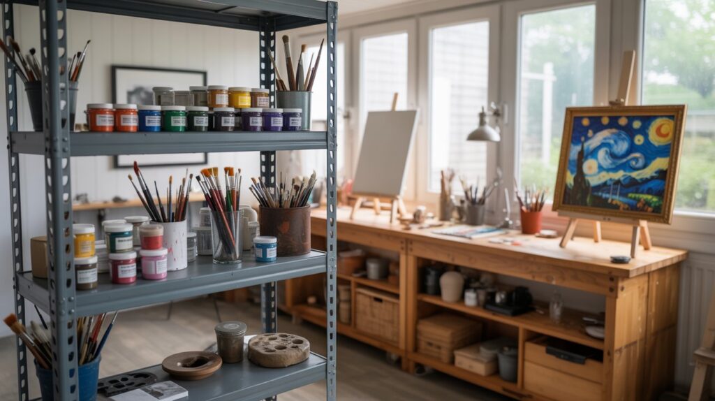 A cozy, well-lit art studio with a mix of creative storage solutions. The foreground features a sleek metal shelving unit displaying an array of paints, brushes, and art supplies. In the middle ground, a repurposed shipping container has been transformed into a compact workbench, its walls adorned with inspirational artwork and shelves holding sketchbooks and tools. The background showcases large windows that flood the space with natural light, complemented by a strategically placed easel and a cozy seating area where the artist can contemplate their next masterpiece. The overall atmosphere is one of organized creativity, with a touch of industrial chic. A cozy, well-lit shipping container art studio with a mix of creative storage solutions. The foreground features a sleek metal shelving unit displaying an array of paints, brushes, and art supplies. In the middle ground, a repurposed shipping container has been transformed into a compact workbench, its walls adorned with inspirational artwork and shelves holding sketchbooks and tools. The background showcases large windows that flood the space with natural light, complemented by a strategically placed easel and a cozy seating area where the artist can contemplate their next masterpiece. The overall atmosphere is one of organized creativity, with a touch of industrial chic.