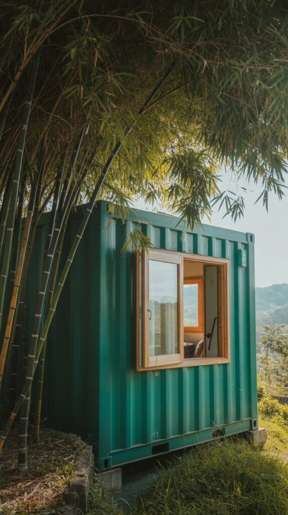 A photograph of a freshly painted shipping container home nestled amongst tall, swaying bamboo stalks. The container is a vibrant teal color and features a large window with a minimalist wooden frame; the door is slightly ajar, revealing glimpses of a cozy interior. Sunlight filters through the bamboo, casting dappled shadows across the container's exterior and highlighting its clean, modern lines. The scene is set against a backdrop of rolling green hills under a slightly overcast sky.
