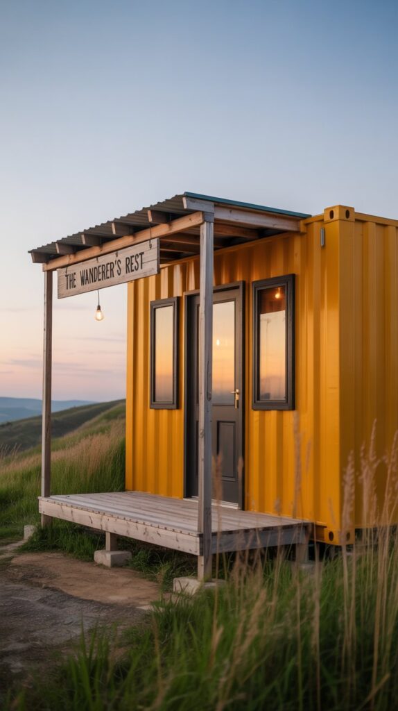 A photograph of a freshly painted vintage-style shipping container home painted a vibrant mustard yellow. The container sits nestled amongst tall grasses on a gently sloping hillside with a small wooden porch extending from the front. A weathered wooden sign above the porch reads " “The Wanderer’s Rest” " and a single Edison bulb hangs from the eaves, casting a warm glow. The sky is a soft gradient of pastel blues and pinks, suggesting a peaceful sunset.
