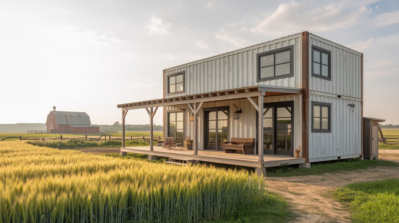 A photograph of a modern farmhouse container home nestled on a sprawling, sun-drenched farm. The home features a weathered gray exterior with black window frames and a wraparound porch constructed from reclaimed wood. A vibrant field of golden wheat extends towards the horizon, and a rustic red barn stands in the distance. Soft, diffused sunlight bathes the scene, creating a warm and inviting atmosphere.
