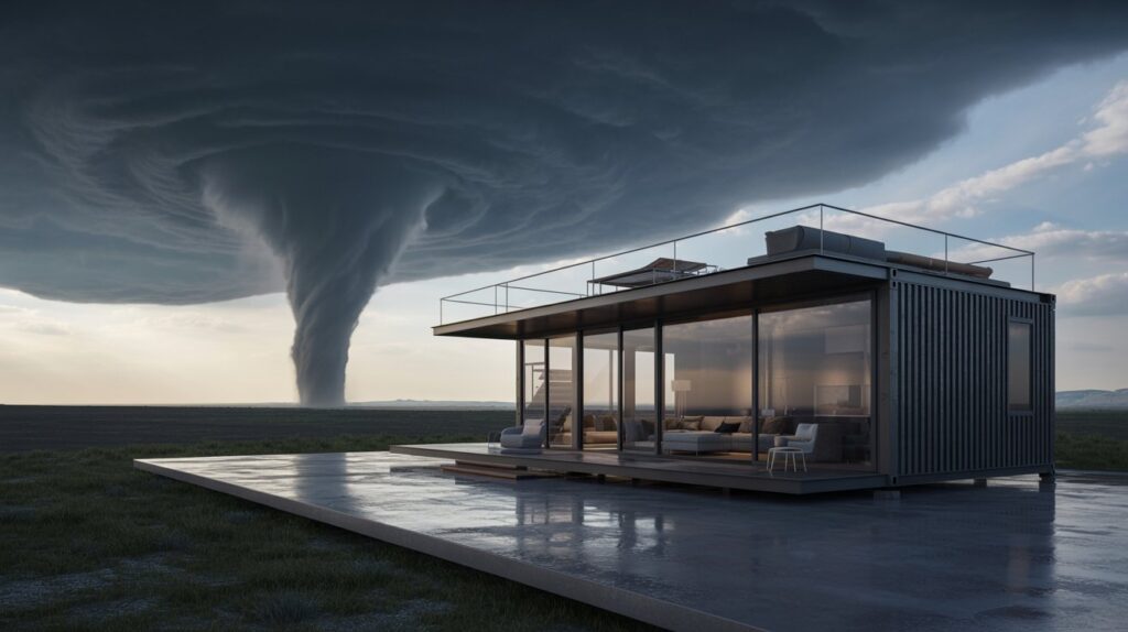 Can a Shipping Container Withstand a Tornado? A photograph of a modern luxury shipping container home perched on a sleek, concrete platform overlooking a vast landscape. The home’s exterior is clad in dark gray metal panels with expansive floor-to-ceiling windows reflecting the stormy sky, and a minimalist rooftop deck features sleek modern furniture. In the distance, a powerful tornado spirals dramatically under a dark, churning sky, contrasting the home's elegant design. Soft, ambient exterior lighting highlights the home’s clean lines, while the overall scene is cast in a dramatic, cinematic light.