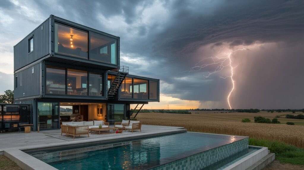 Can a Shipping Container Withstand a Tornado? A photograph of a modern, multi-story shipping container mansion constructed from stacked units, featuring expansive panoramic glass walls that reflect the turbulent sky. The structure boasts a sleek infinity pool lined with designer teak furniture, overlooking a sprawling countryside. In the distance, a powerful EF4 tornado rips through fields of wheat, illuminated by jagged streaks of lightning, while the mansion stands resolute, bathed in the eerie glow of the storm. Soft, diffused light highlights the architectural details and contrasts with the dramatic chaos in the background.