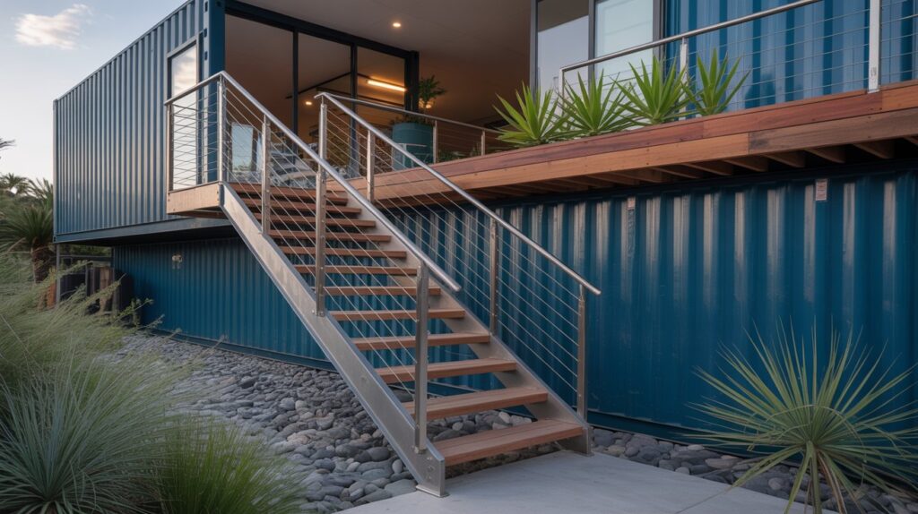 Innovative stair designs for multi-level container homes, featuring an elegant spiral staircase made of sleek metal and wood, bathed in warm, natural lighting. The stairs wind their way up through the interior of a modern, two-story shipping container structure, with large windows offering panoramic views of the surrounding landscape. The composition showcases the structural ingenuity and sophisticated aesthetic of the staircase, complementing the industrial-chic architecture of the container home. The overall scene radiates a sense of contemporary design and sustainable living. A photograph of a modern outdoor staircase leading to a spacious deck connected to a sleek, deep blue shipping container home. The staircase features clean lines with brushed silver metal railings and warm-toned composite steps that gracefully ascend, highlighting a "Welcome" sign subtly placed on the top step. The deck, constructed of weathered gray wood, extends from the container, showcasing comfortable seating arrangements and potted olive trees, while the surrounding landscape is carefully manicured with smooth river stones. Soft, diffused sunlight illuminates the scene, creating gentle shadows that emphasize the architectural design and cozy outdoor living space.