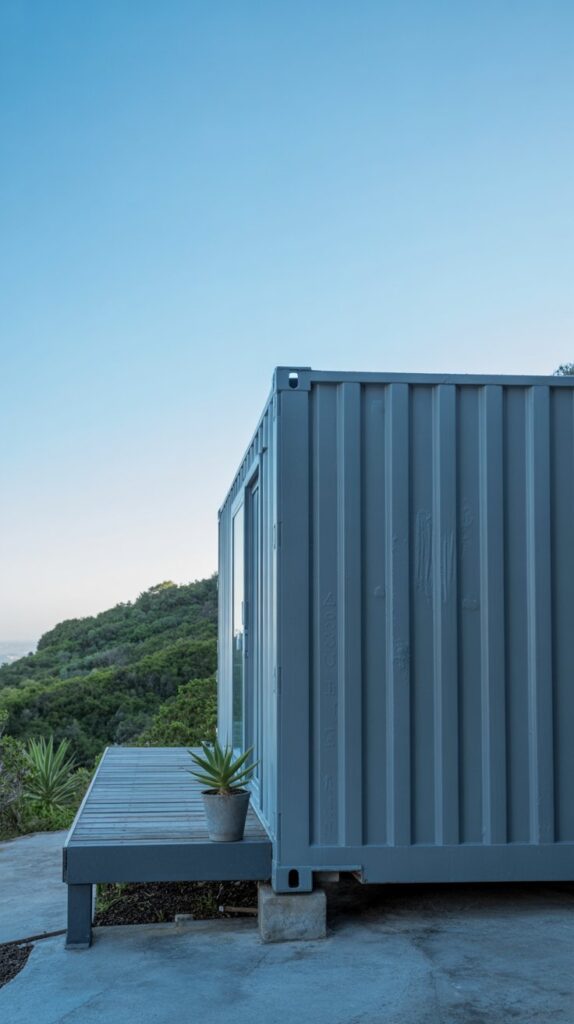 A photograph of a newly painted shipping container home against a backdrop of a clear blue sky. The container is a cool gray color with subtle texture visible in the paint, and sits on a concrete foundation overlooking a lush green hillside. A small, modern porch with wooden decking extends from the container’s entrance, featuring a single potted succulent. Soft, natural sunlight illuminates the scene, creating gentle shadows and highlighting the clean lines of the minimalist structure.