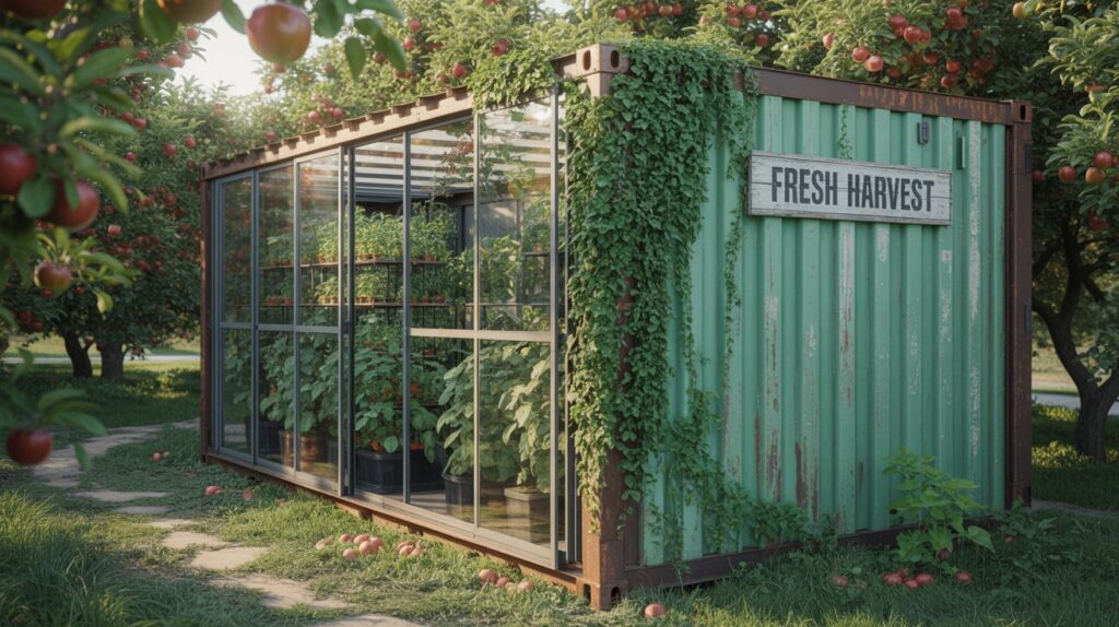 A sun-drenched container greenhouse, its steel frame adorned with lush greenery and thriving plants. Sleek, modern design blends seamlessly with the natural abundance within, creating an oasis of productivity and sustainability. Soft, diffused lighting filters through large, panoramic windows, illuminating the verdant foliage and vibrant produce. In the foreground, rows of towering tomato vines and leafy kale plants sway gently, their leaves glistening with moisture. In the middle ground, a central workstation with hydroponic growing systems, automated irrigation, and ergonomic tools for tending the crops. The background features a verdant landscape, with rolling hills and a distant, mountainous horizon, hinting at the off-grid, self-sufficient nature of this innovative living space. A photograph of a repurposed shipping container transformed into a lush greenhouse, nestled within a vibrant apple orchard. The container’s exterior is painted a faded turquoise with climbing ivy partially obscuring the corrugated metal; large glass panes cover one side, revealing rows of thriving tomato plants and leafy herbs within. Sunlight streams through the glass, casting dappled shadows on the interior plants and the orchard floor scattered with fallen apples, creating a warm and inviting atmosphere. A weathered wooden sign on the container reads "“FRESH HARVEST”" adding a rustic charm to the scene.