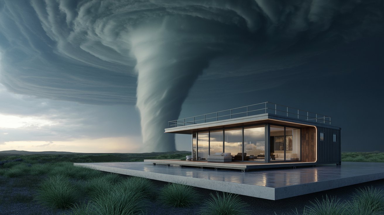 A photograph of a sleek, luxury shipping container home perched on a concrete platform overlooking a dramatic landscape. The home’s modern design features expansive glass windows reflecting the turbulent sky, a minimalist rooftop deck with sleek railings, and subtle ambient exterior lighting outlining its geometric form. In the distance, a colossal tornado spirals menacingly under a dark, churning sky, emphasizing the contrast between the structure’s elegance and the raw power of nature. Sparse, carefully placed ornamental grasses surround the base of the platform, providing a touch of understated beauty against the backdrop of impending doom.