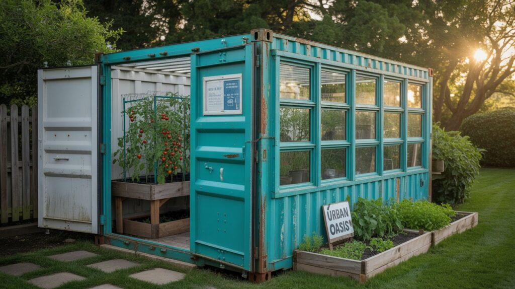 A well-lit, spacious greenhouse filled with lush, thriving container gardens. The foreground showcases a variety of colorful potted plants, from vibrant flowers to cascading vines, arranged in a visually appealing layout. The middle ground features raised garden beds constructed from repurposed wooden pallets, overflowing with fresh herbs and vegetables. In the background, the glass walls of the greenhouse provide an airy, sun-drenched atmosphere, allowing natural light to pour in and illuminate the scene. The overall composition conveys a sense of productivity, sustainability, and a harmonious blend of nature and human ingenuity. A photograph of a weathered shipping container repurposed as a greenhouse, nestled in a lush backyard garden. The container is painted a vibrant turquoise and features multiple glass panes where doors once were, allowing sunlight to flood the interior. Inside, rows of tomato plants and herbs thrive in raised garden beds, with a small sign reading "“Urban Oasis”" leaning against one wall. The background features a neatly manicured lawn and a charming wooden fence, bathed in the warm glow of a late afternoon sun.