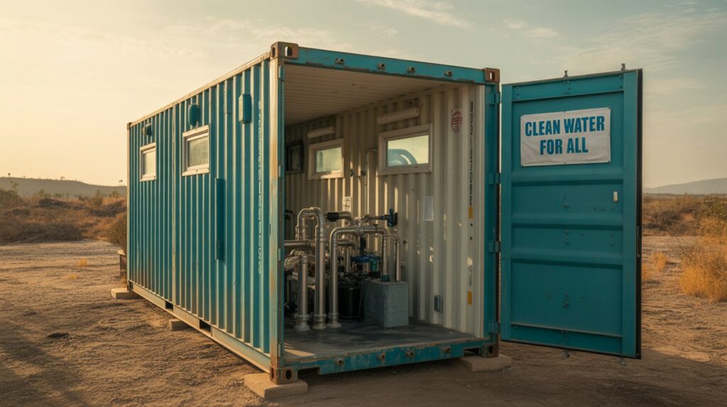 A sleek, minimalist off-grid water collection system situated amidst a rugged, remote landscape. The foreground features a series of interconnected rain collection tanks, their metallic surfaces gleaming under warm, directional lighting. In the middle ground, a compact, efficient filtration unit stands, its internal mechanisms visible through strategically placed transparent panels. The background reveals a rolling, sun-dappled terrain, with distant mountains and a cloudless sky, conveying a sense of self-reliance and harmony with the natural environment. The overall composition exudes a modern, functional aesthetic, perfectly suited for an off-grid lifestyle. A photograph of a weathered, turquoise shipping container repurposed into a sustainable water filtration system. Inside the container, a network of pipes and filtration equipment gleams under the diffused light filtering through small, strategically placed windows, with a sign reading "Clean Water for All" affixed to the container's exterior. Surrounding the container is a parched, arid landscape with sparse vegetation, highlighting the importance of the filtration system. Golden hour lighting bathes the scene, creating long shadows and emphasizing the container's stark contrast with the surrounding environment.