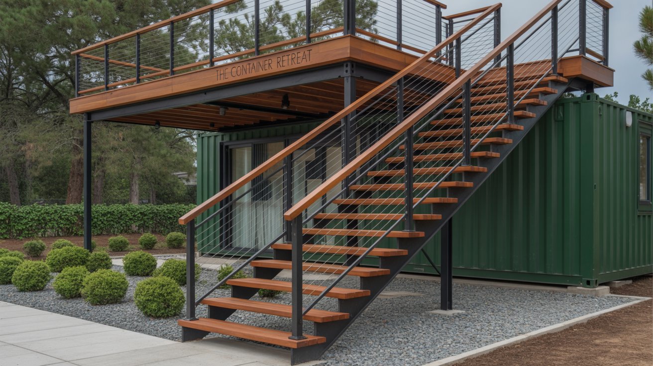 A photograph showcasing a striking outdoor staircase leading to a modern shipping container home. The staircase features sleek black metal railings and warm cedarwood steps ascending to a spacious deck constructed of matching composite material, with “The Container Retreat” subtly etched into one of the deck’s support beams. The home itself is a deep forest green, contrasting beautifully with the surrounding landscape of neatly arranged gravel and carefully pruned shrubs. Soft, diffused natural light illuminates the scene, highlighting the clean lines and inviting atmosphere of the container home’s elevated design.