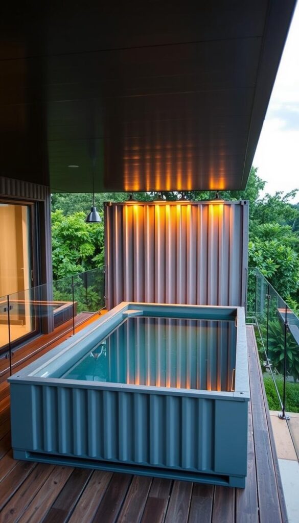 elevated deck container pool with modern minimalist design, sitting on a raised wooden platform surrounded by a glass railing, the pool itself made from a repurposed shipping container with sleek lines and a grey tonal color scheme, the deck illuminated by warm overhead lighting casting a cozy ambiance, the pool's water reflecting the sky and natural landscape beyond, the entire scene set in a serene outdoor environment with lush greenery in the background elevated deck container pool with modern minimalist design, sitting on a raised wooden platform surrounded by a glass railing, the pool itself made from a repurposed shipping container with sleek lines and a grey tonal color scheme, the deck illuminated by warm overhead lighting casting a cozy ambiance, the pool's water reflecting the sky and natural landscape beyond, the entire scene set in a serene outdoor environment with lush greenery in the background
