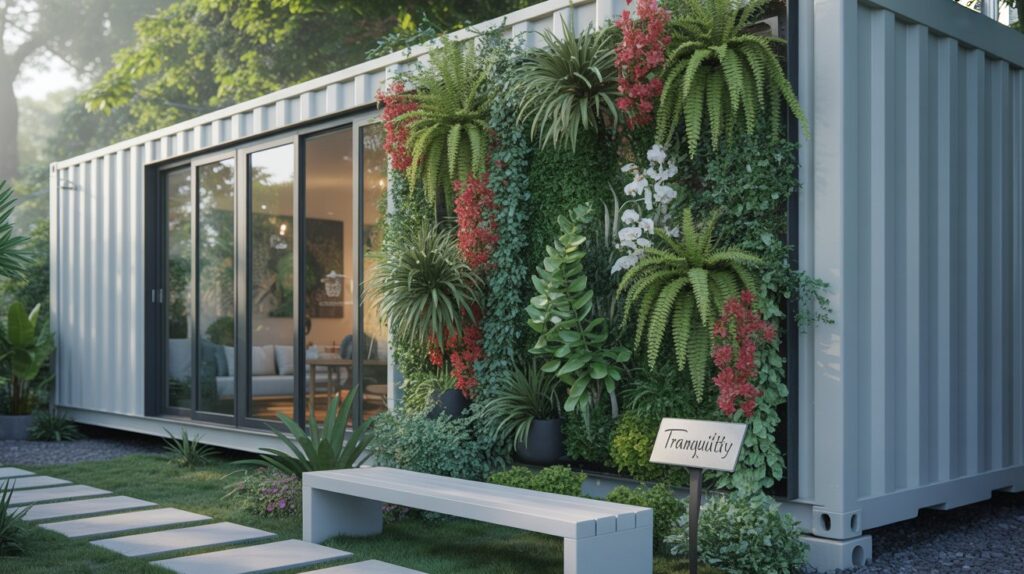 Vertical Garden Ideas for Your Shipping Container Home A photograph of a vibrant vertical garden cascading down the side of a sleek, modern shipping container home. The container home, painted a crisp white, features expansive windows reflecting the lush greenery, and the garden includes a variety of plants like ferns, orchids, and trailing vines with pops of bright red flowers. A small, minimalist wooden bench sits at the base of the garden, inviting someone to sit and enjoy "Tranquility" inscribed on a small plaque beside it. Soft, diffused sunlight illuminates the scene, creating a peaceful and inviting atmosphere.