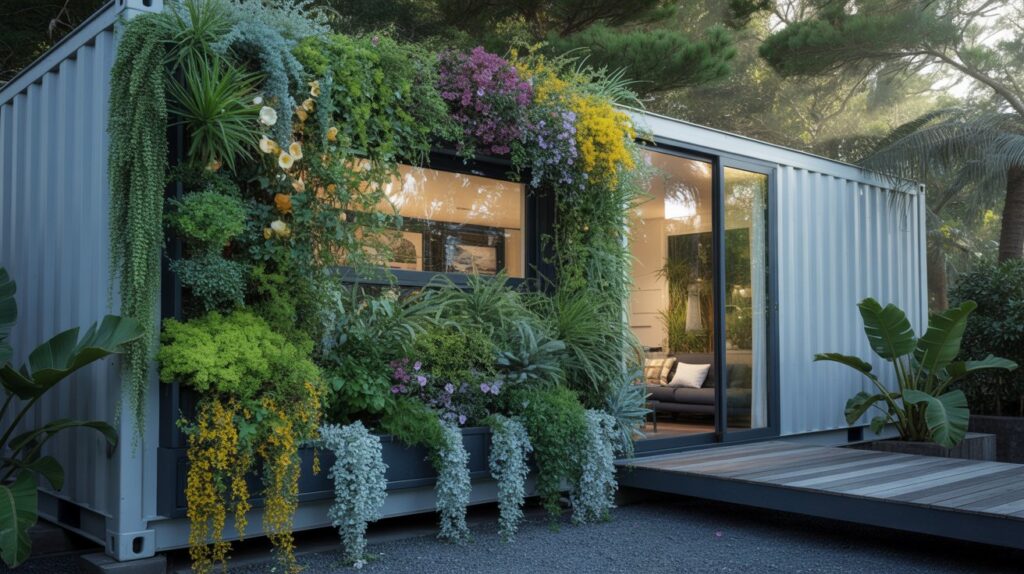 Vertical Garden Ideas for Your Shipping Container Home A photograph of a vibrant vertical garden flourishing against the backdrop of a modern luxury shipping container home. The garden is densely packed with various lush green plants, cascading flowers in shades of purple and yellow, and trailing vines that soften the container's sharp edges. The shipping container home itself is painted a clean white and features expansive windows that reflect the surrounding greenery, while a sleek wooden deck extends from the entrance, inviting a sense of relaxation. Soft, diffused sunlight illuminates the scene, highlighting the textures of the plants and the container's metallic surfaces.